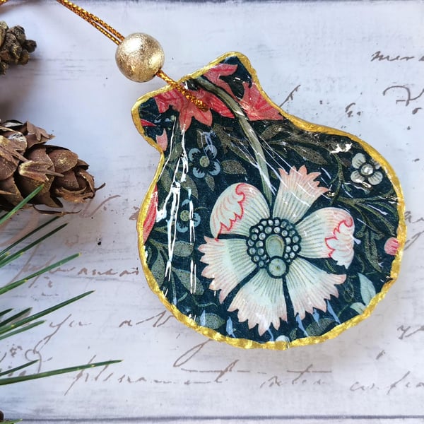 Hanging Shell Ornament: Dark Floral Teal, William Morris Compton
