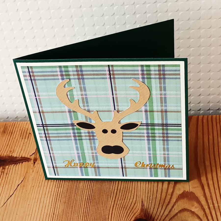 Tartan Stag Christmas Card – Green