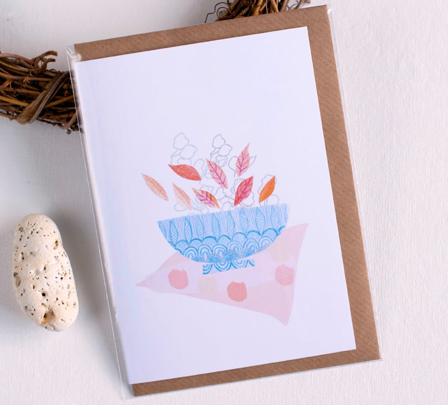 Bowl & Leaves - Blank Greeting Card
