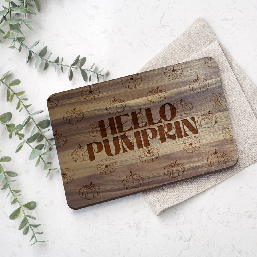 Hello Pumpkin Chopping Board - Autumnal Cutting Board, Halloween Kitchen Gift