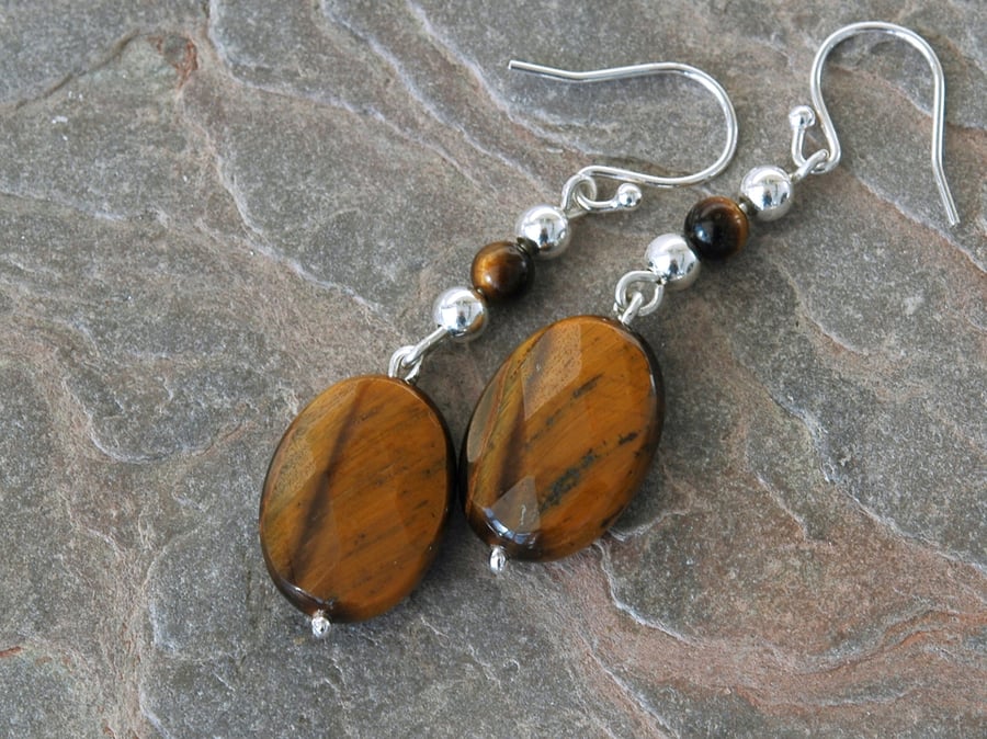 Sterling Silver Drop Earrings with Tiger's Eye Gemstones