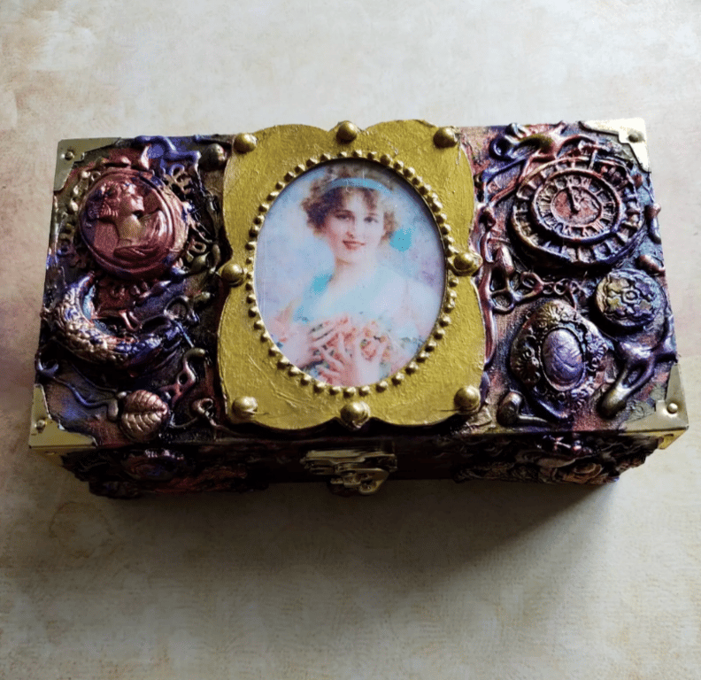 1800 era Vintage Lady with flowers Trinket Box Altered Handcrafted OOAK