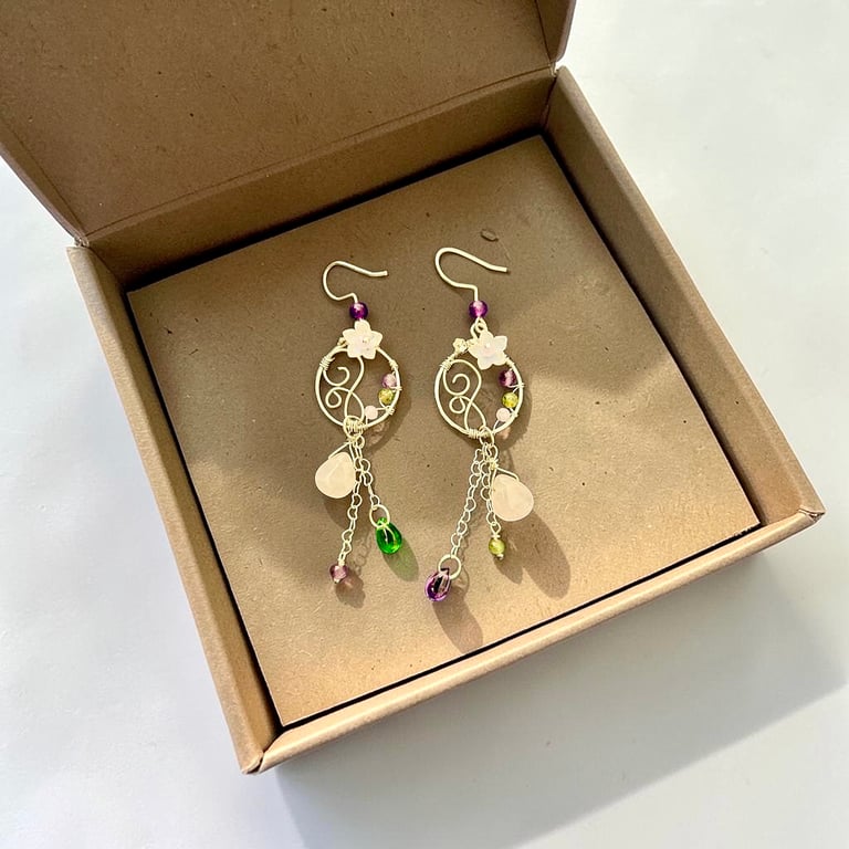 Sterling Silver Amethyst Peridot Rose Quartz Earrings - Gift Boxed