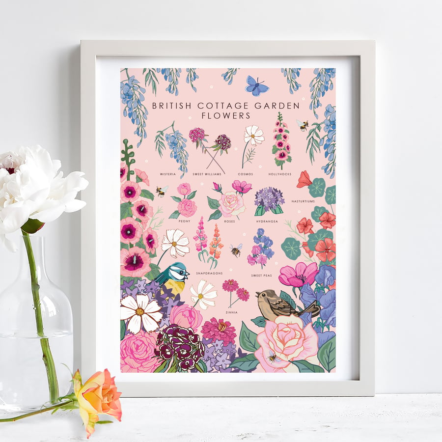 'British Cottage Garden Flowers' Illustration Print A4 Unframed 