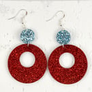 Elegant Sparkle Red Hoop & Little Blue Disc Stud Earrings-Gift Box Included 