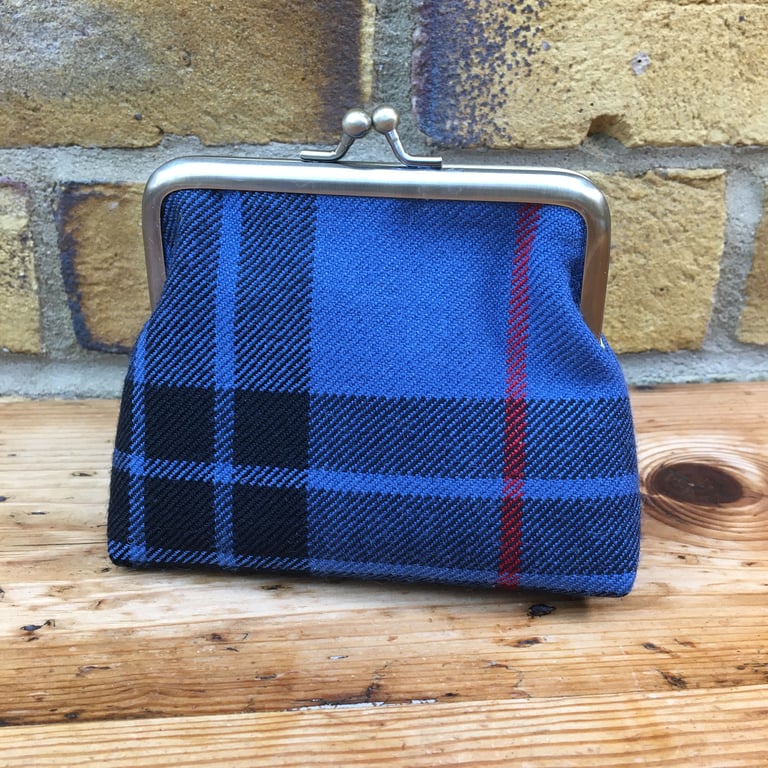 Blue tartan wool coin purse, metal frame kiss clasp purse, handbag tidy