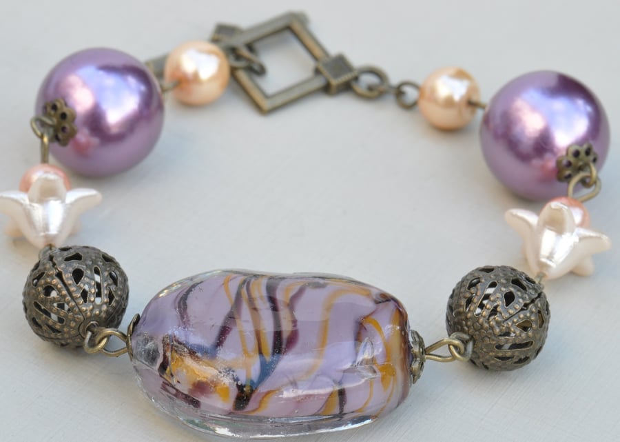 Purple Fizz Pearl, Filigree & Glass Bead Bracelet