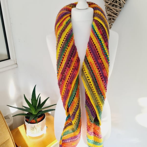 Rainbow Wool Blend Long Scarf, Multicoloured Shawl Wrap, Crochet Neck Warmer