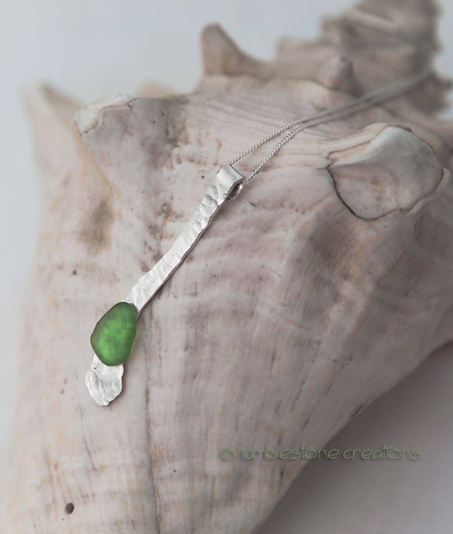Hammered Sterling Silver sea glass pendant 