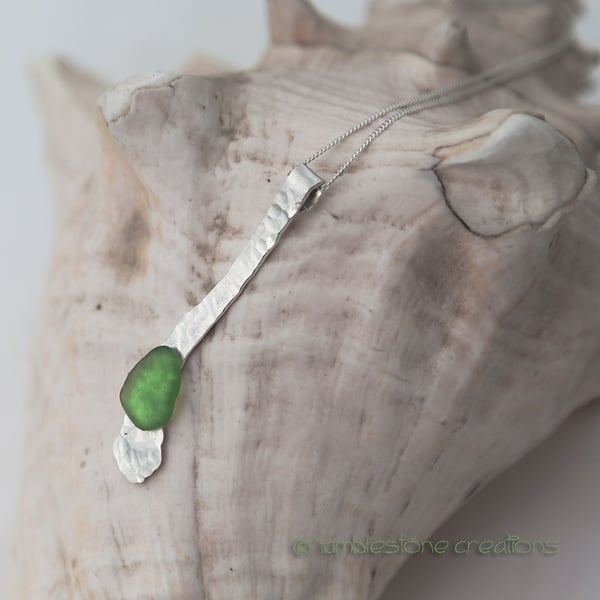 Hammered Sterling Silver sea glass pendant 