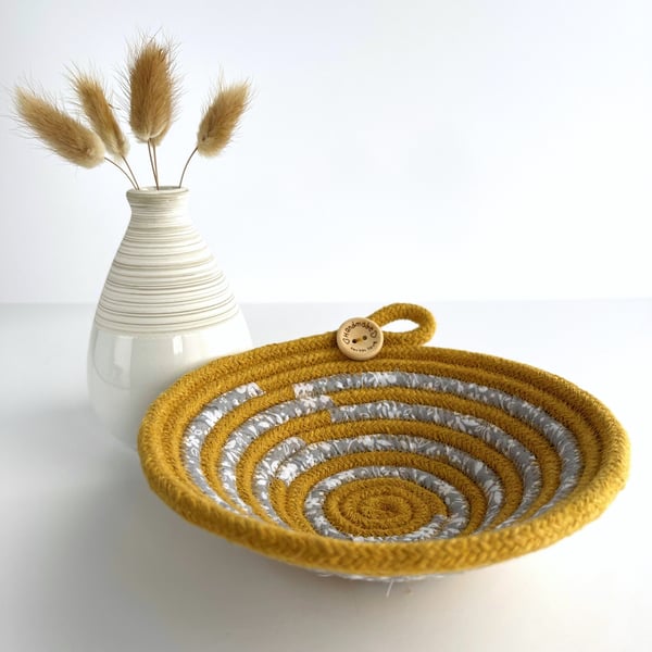 Small Rope Bowl with Mustard Rope and Grey Fabric Trim