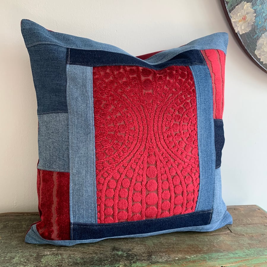 Reclaimed denim and textured chenille cushion c... Folksy