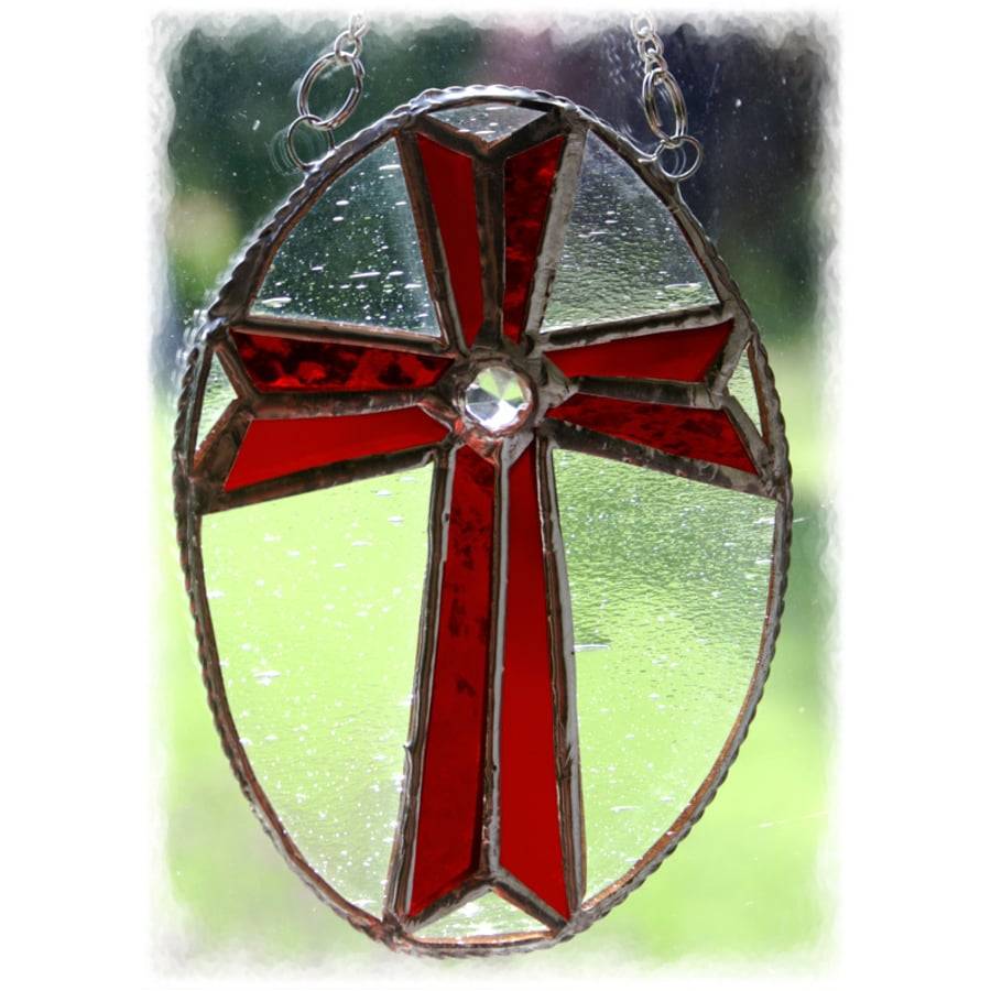 Cross Oval Suncatcher Stained Glass Handmade Red