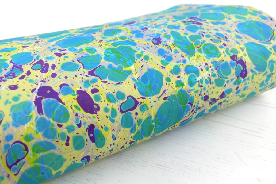Vibrant yellow and turquoise A4 double marbled paper sheet second