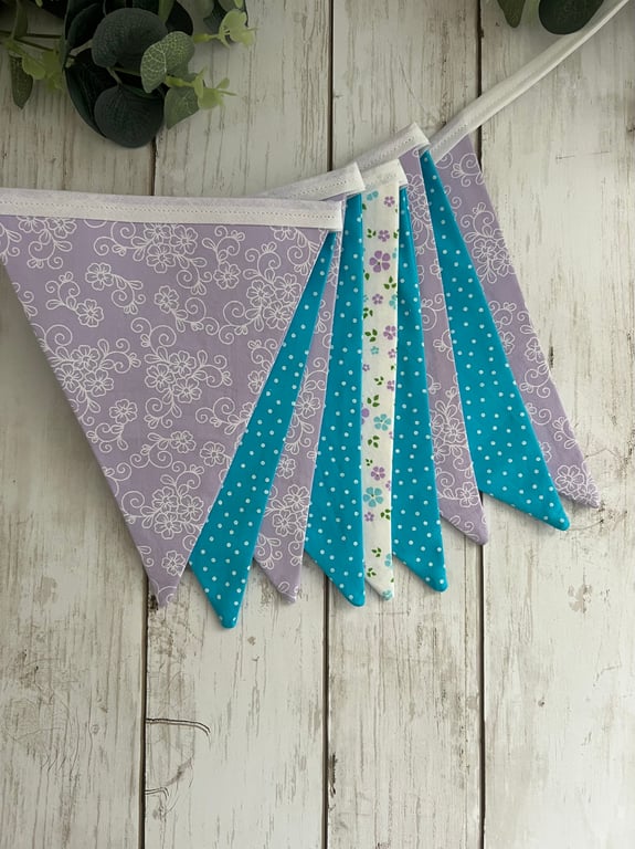 Handmade Fabric Bunting 9 Flags in Lilac & Blue Dots, Swirls & Florals Design