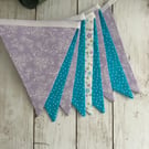 Handmade Fabric Bunting 9 Flags in Lilac & Blue Dots, Swirls & Florals Design