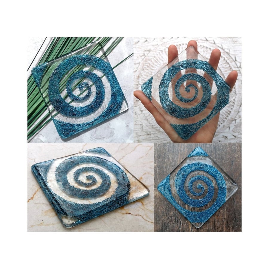 Handmade Fused Glass Spiral Drinks Coaster - With Embedded Coloured Bubbles