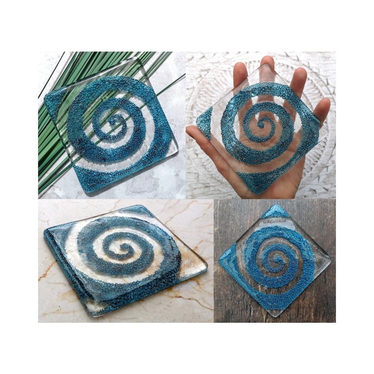 Handmade Fused Glass Spiral Drinks Coaster - With Embedded Coloured Bubbles