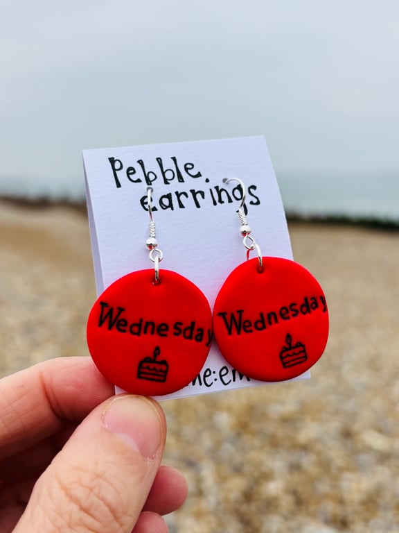 Wednesday Pebble Red Earrings, with cake design