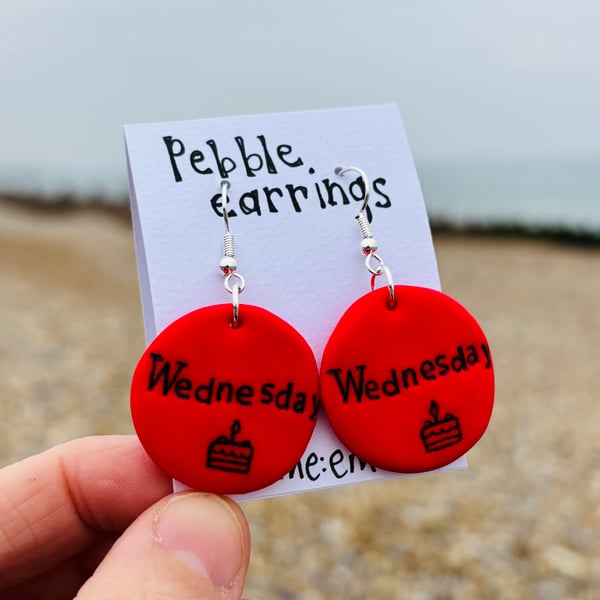 Wednesday Pebble Red Earrings, with cake design