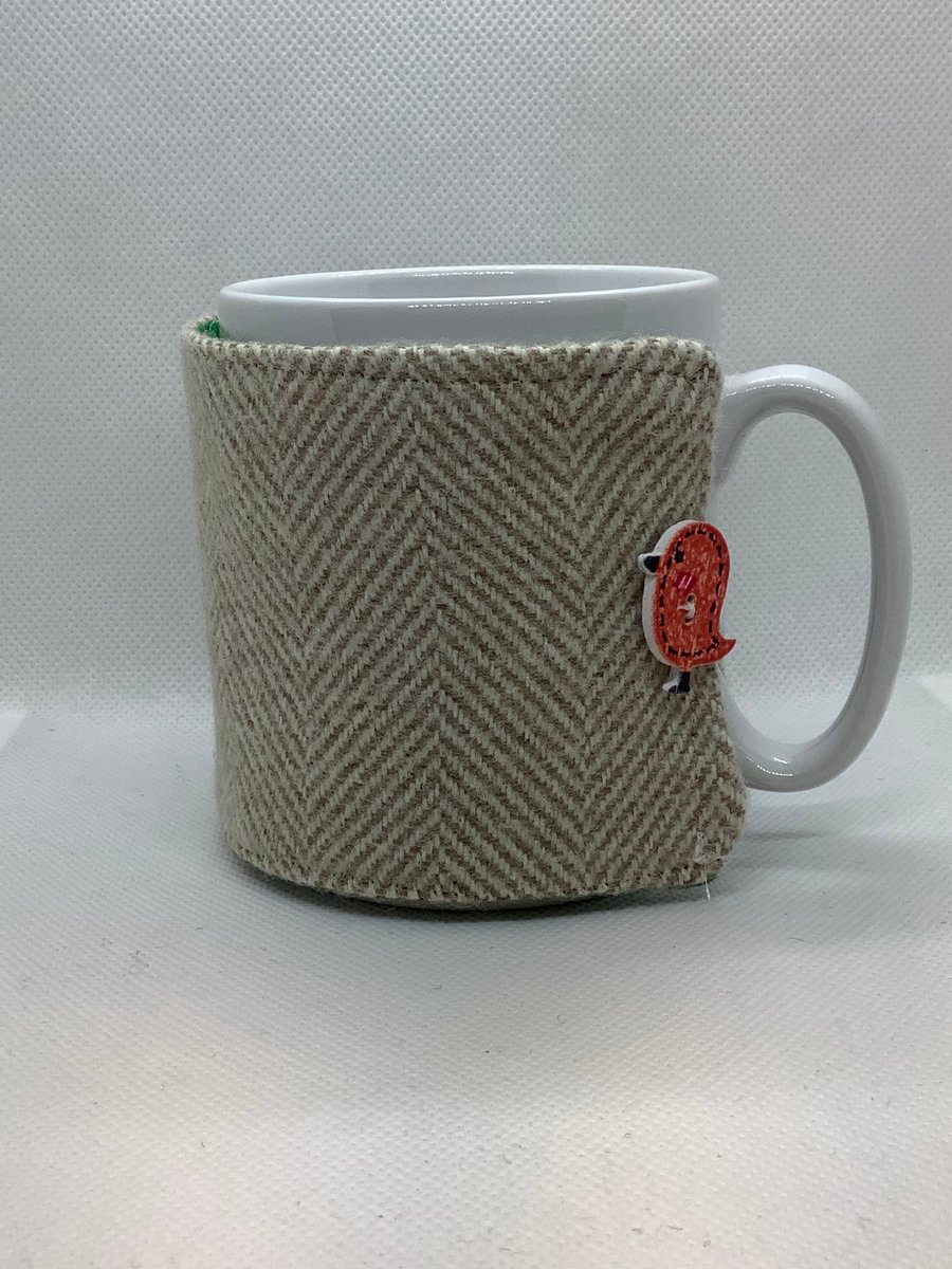 Thick Beige Herringbone Coffee Mug Cosie, Beige Mug Wrap