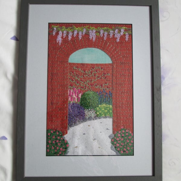 Walled Garden Hand Embroidered Picture, Textile Art