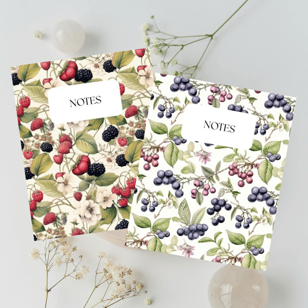 Berries Notebooks, Strawberry Notebook or Blackcurrant Notebook, A6 Lined Pages 