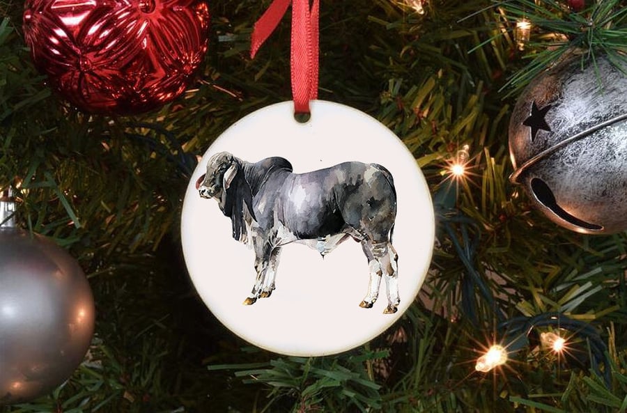 Grey Brahman Bull - Brahman Cow Art Tree Decoration.Brahman Cow Xmas Tree Decora