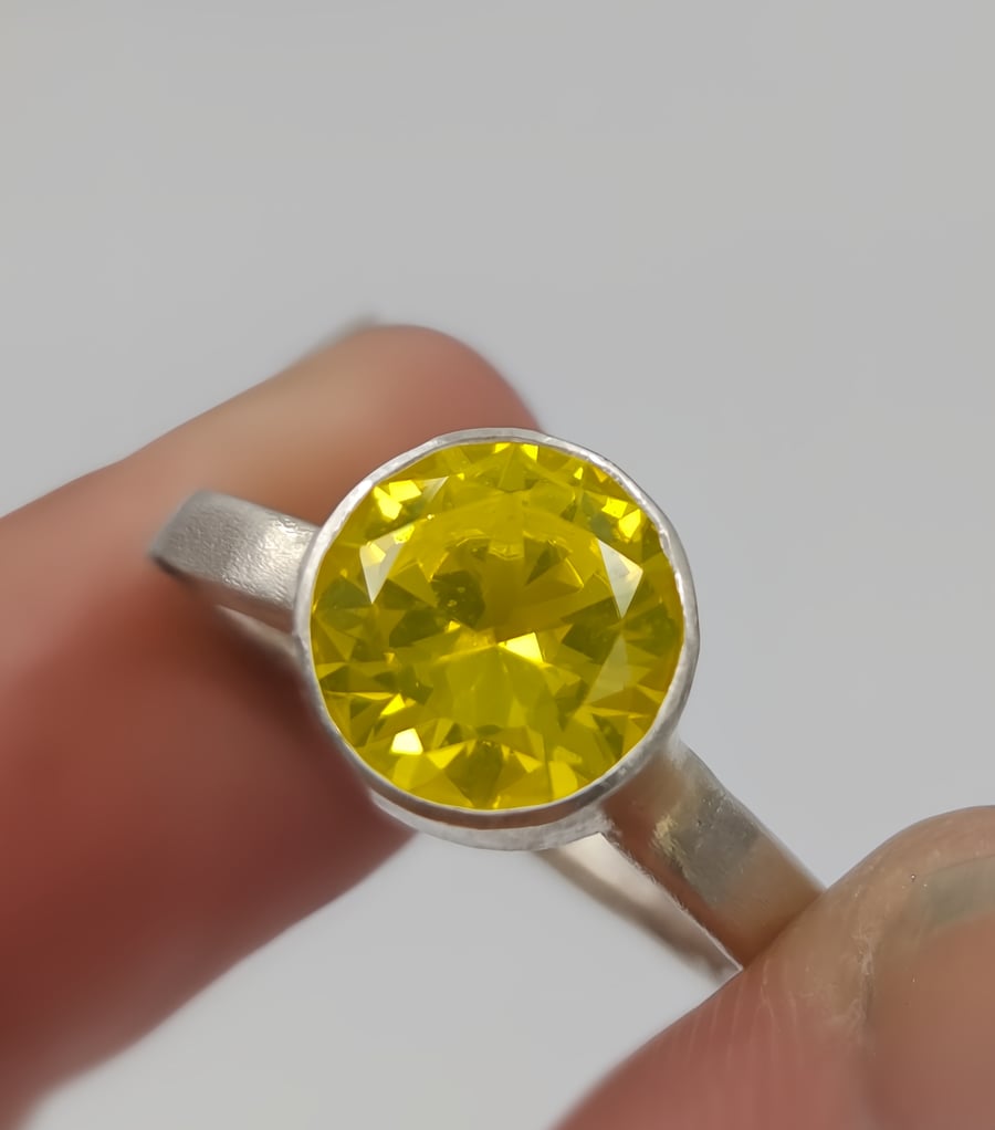 Molten Textured Sterling Silver Ring with 8mm Yellow YAG Gemstone - Size K