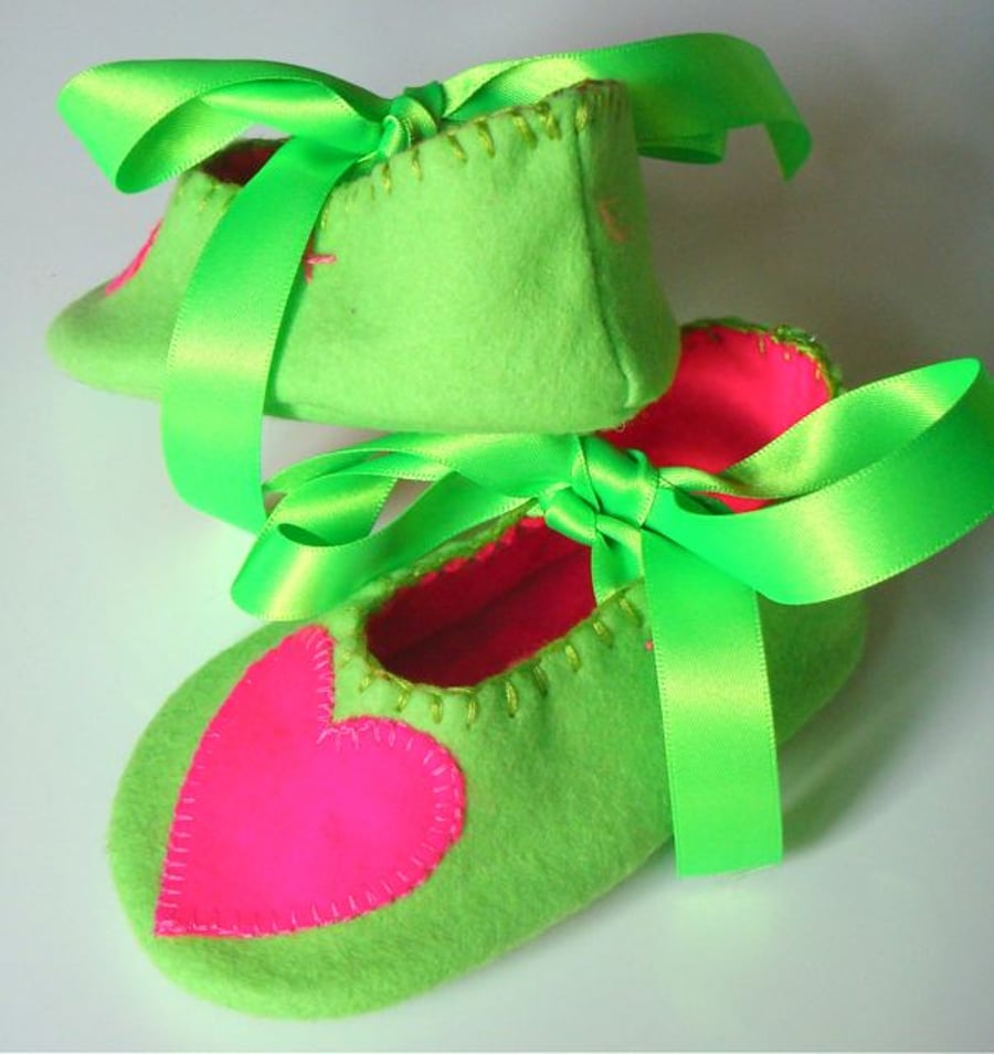 Lime Green and Pink Heart Felt Baby Booties Shoes