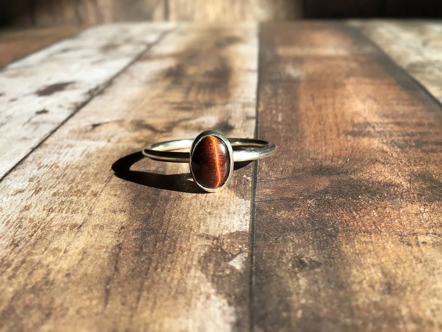 Red Tiger’s Eye Sterling and Fine silver dainty oval ring