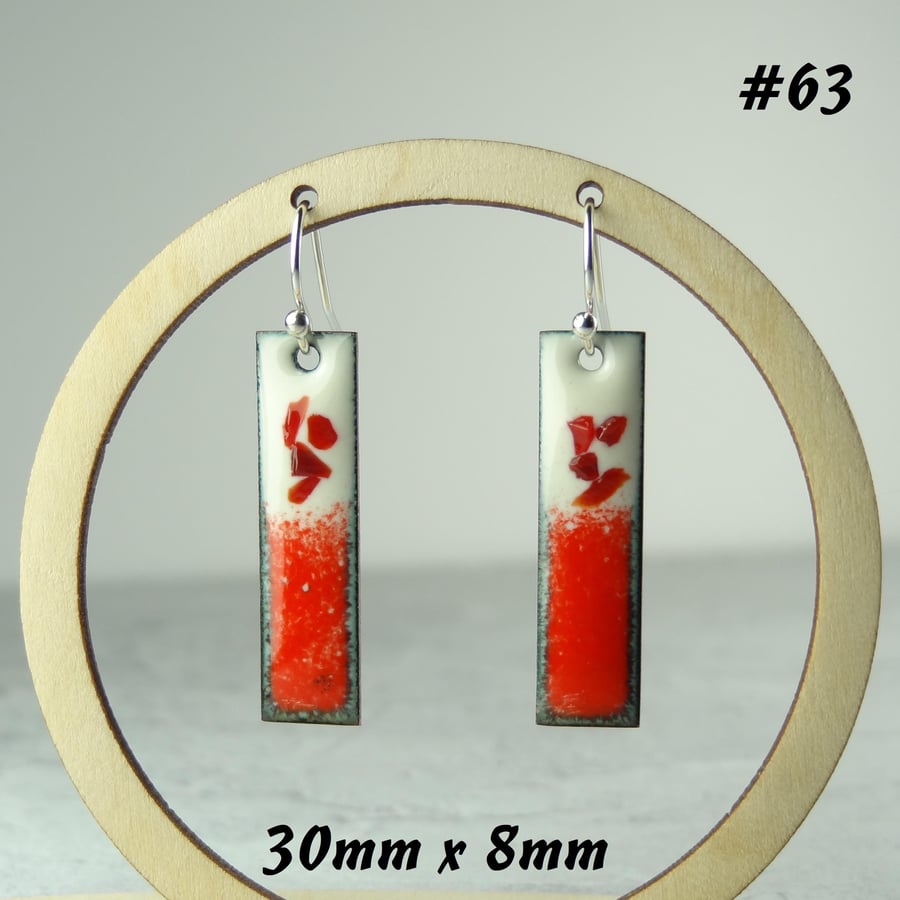 Sterling silver red & cream glass enamelled copper drop earrings 30 x 8mm