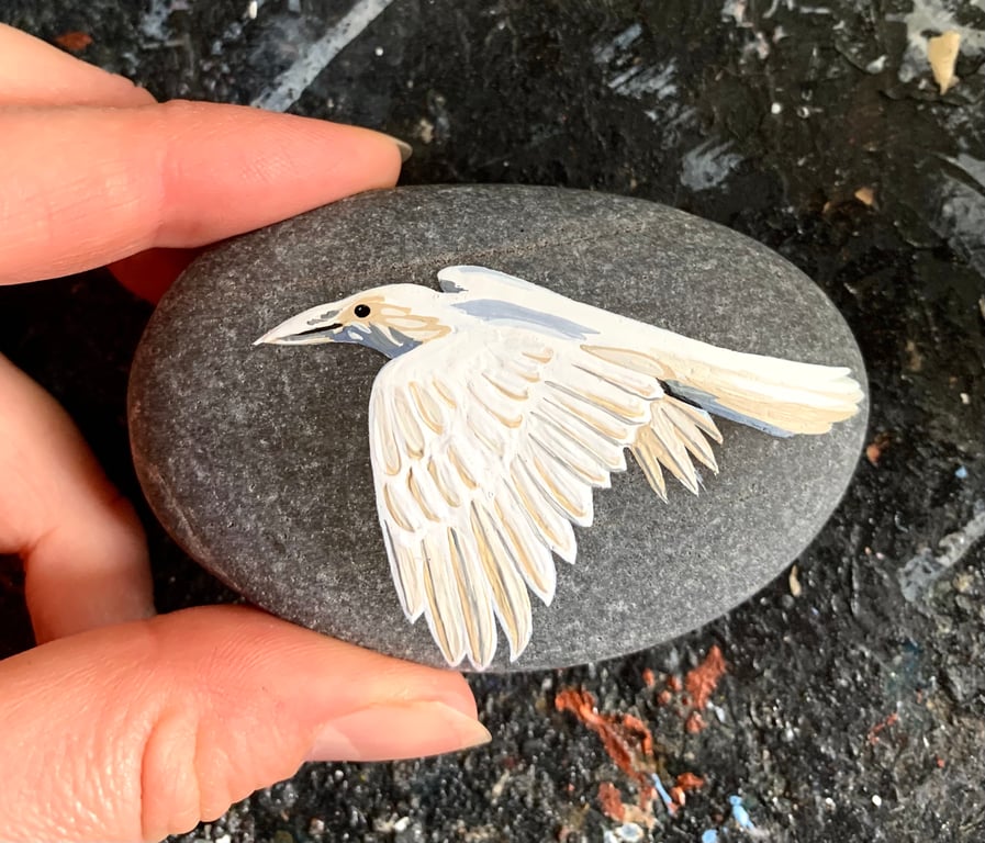 White Raven Stone - Handpainted Nature Inspired Corvid Art Unique Bird Gifts