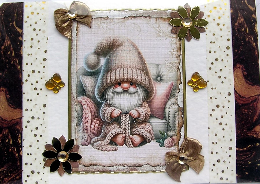 Knitting Gnome - Hand Crafted Decoupage Greeting Card - Blank 2818