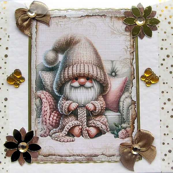 Knitting Gnome - Hand Crafted Decoupage Greeting Card - Blank 2818