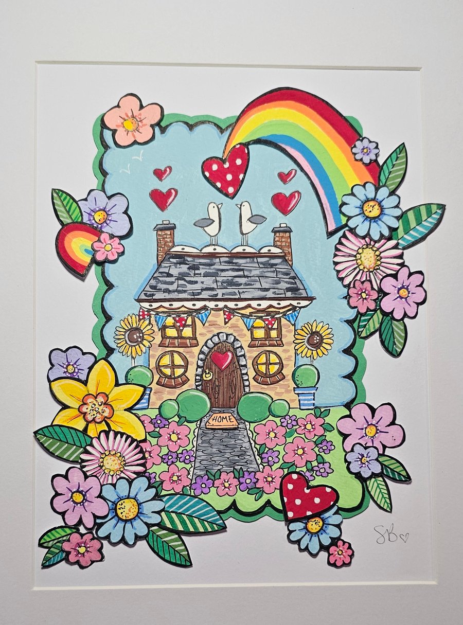 Cute little cottage layered painting. Rainbows and flowers and love hearts.