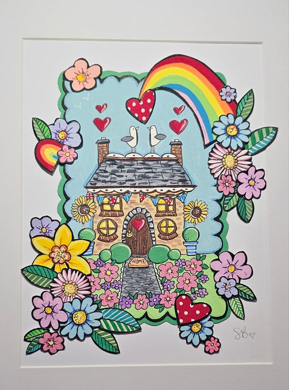 Cute little cottage layered painting. Rainbows and flowers and love hearts.