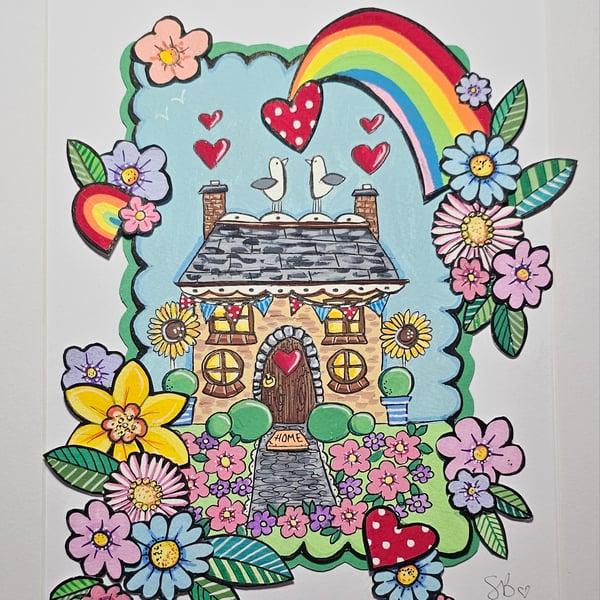 Cute little cottage layered painting. Rainbows and flowers and love hearts.