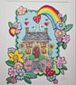 Cute little cottage layered painting. Rainbows and flowers and love hearts.
