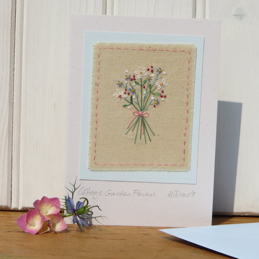 Cottage Garden Flowers hand-stitched miniature on card, delicate & detailed