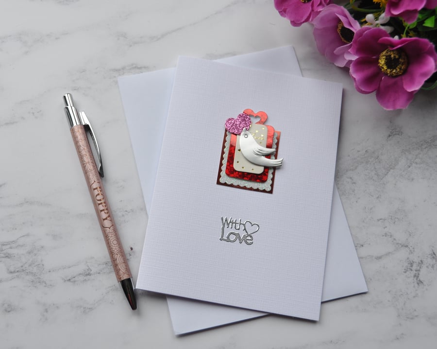 Valentine's Day Card With Love Heart Silver Dove 3D Luxury Handmade