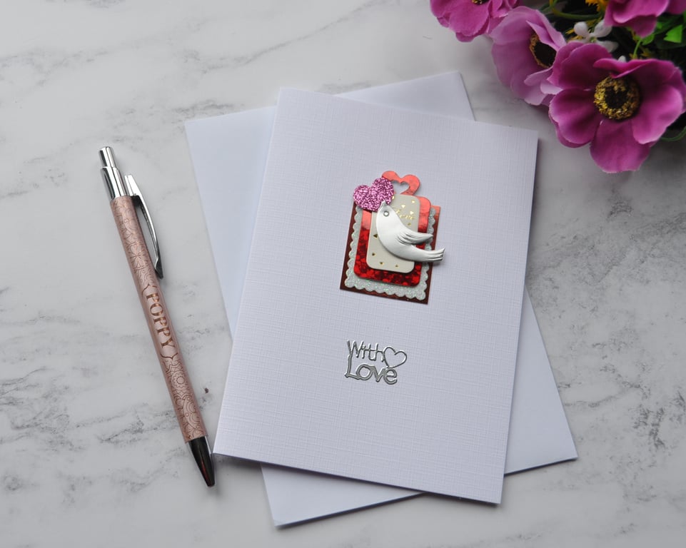 Valentine's Day Card With Love Heart Silver Dove 3D Luxury Handmade