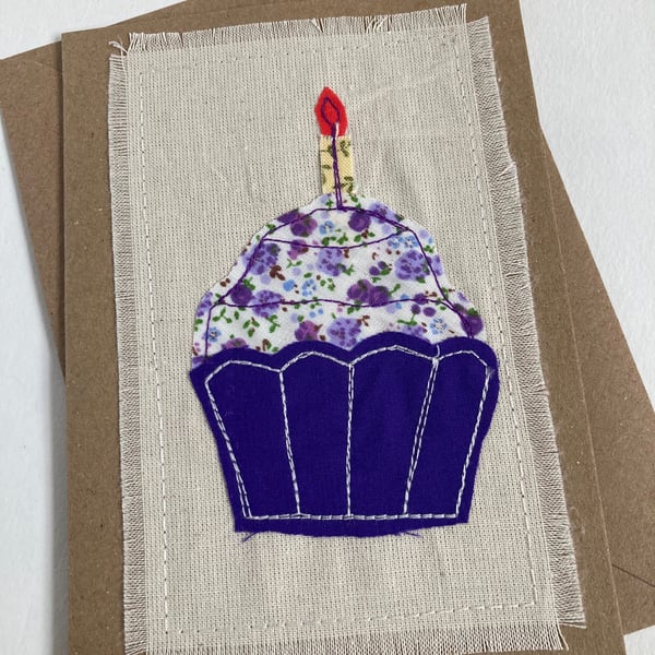 Appliqué sewn birthday card. Purple floral