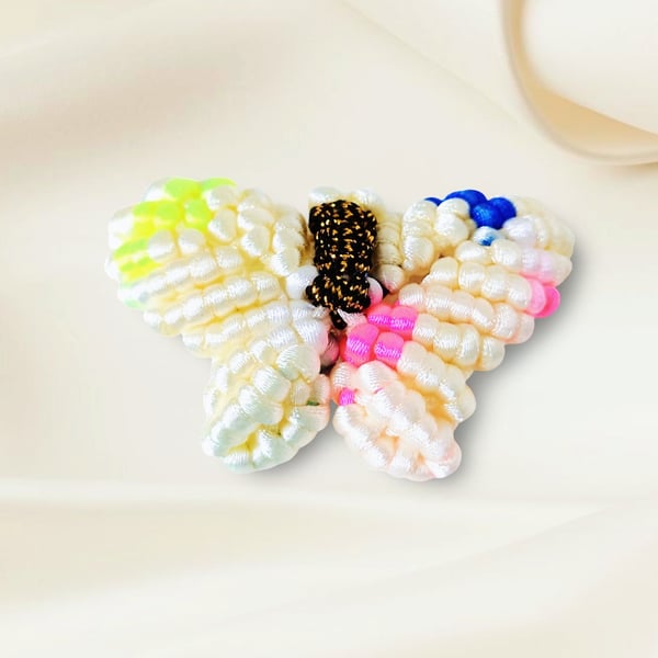 Macrame Butterfly Brooch (White, Pink, Blue & Green)