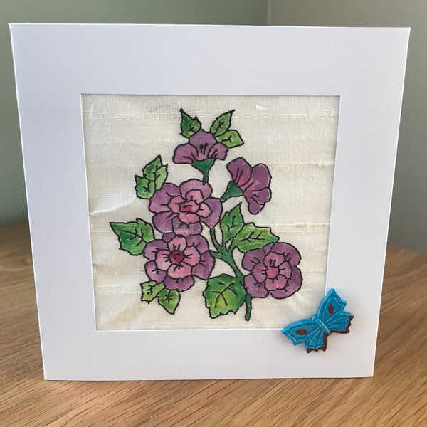 Roses Greetings Card Embroidered and Hand Painted on Dupion Silk