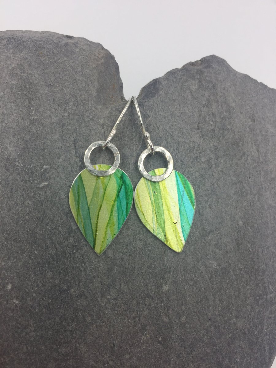 ‘Watercolour’ green drop earrings with hammered silver ring.
