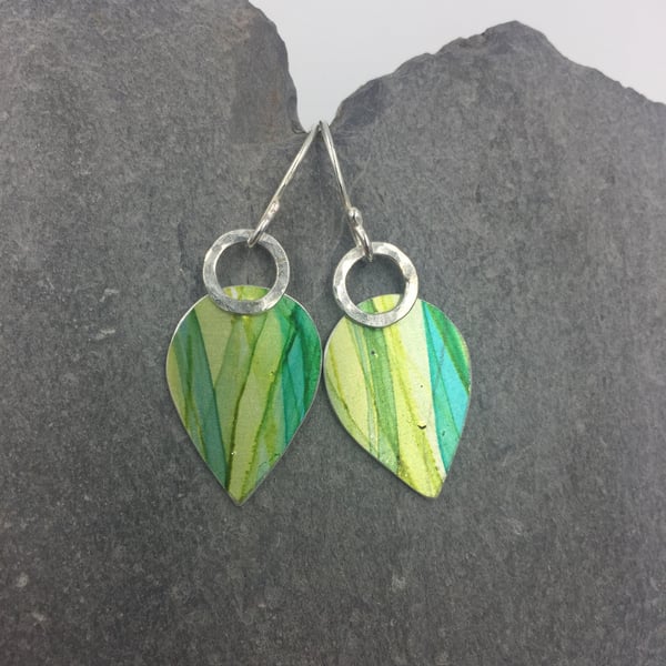 ‘Watercolour’ green drop earrings with hammered silver ring.