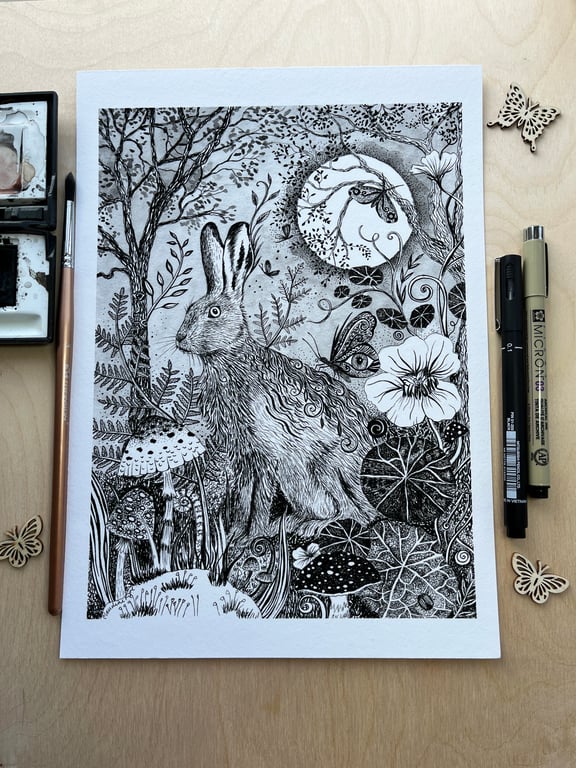Moonlight Hare & Nasturtiums A4 Art Print