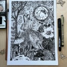 Moonlight Hare & Nasturtiums A4 Art Print