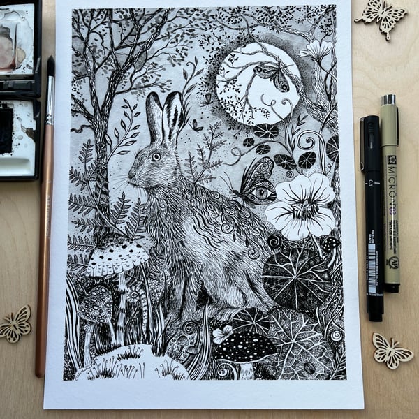 Moonlight Hare & Nasturtiums A4 Art Print